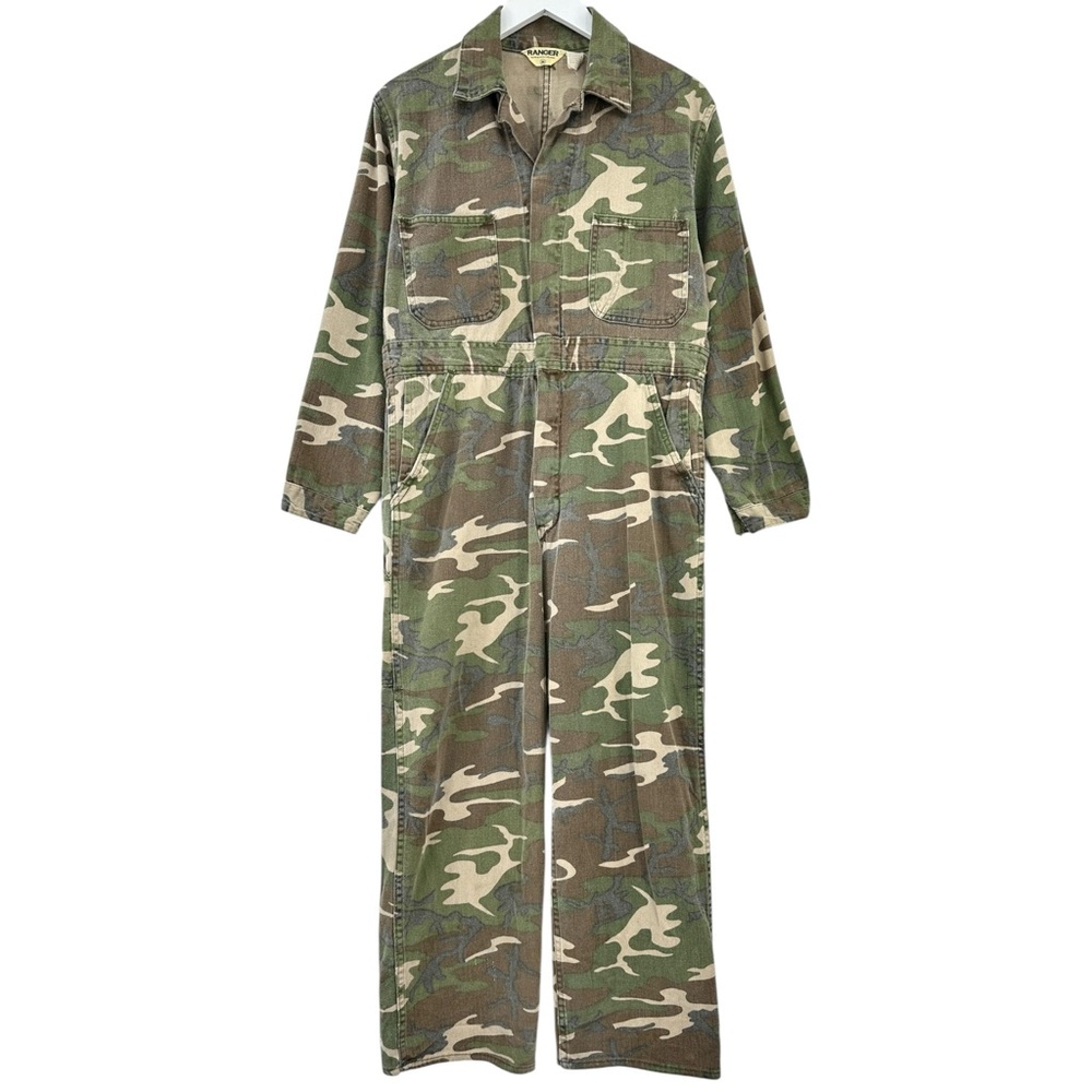 Vintage Ranger Camo Camouflage Army Print Denim Long Sleeve Jumpsuit Coveralls